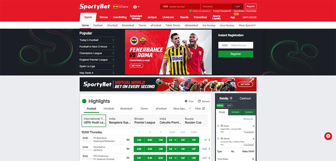 sporty bet website homepage